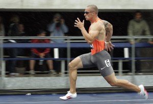 Jared Connaughton runs his heat in the Men's 200 meters dash during the Canadian Track and Field Championships in Toronto